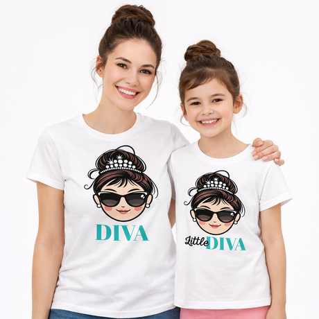 Set di 2 magliette bianche con stampa "DIVA" e "Little DIVA" per mamma e figlia.
