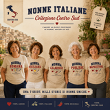 Maglietta bianca con stampa frontale multicolore e scritta "NONNE ITALIANE"