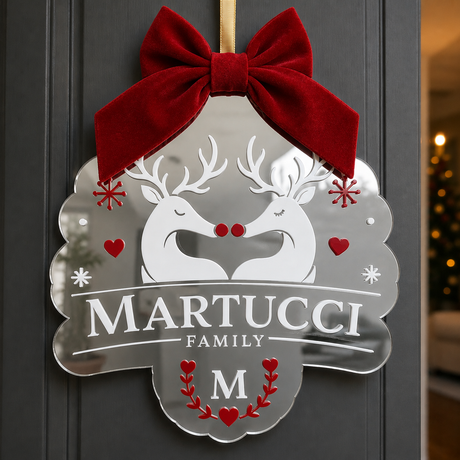 Pendente in plexiglass argento con fiocco velluto rosso, renne e nome MARTUCCI