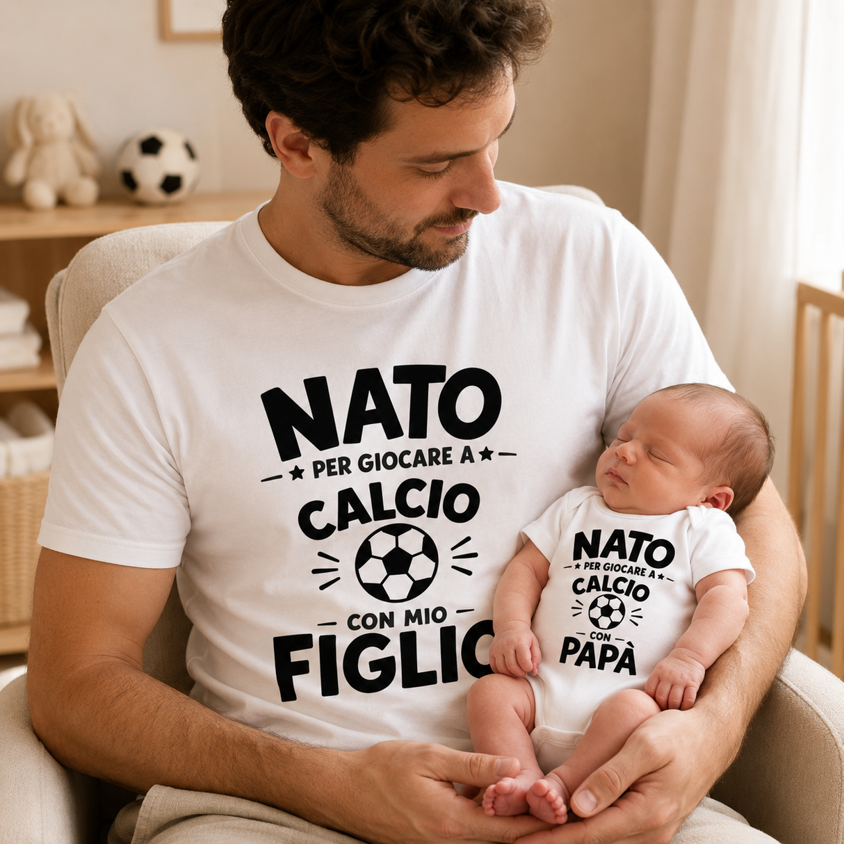 Set t-shirt bianche papà e figlio con stampa “NATO” per giocare a Calcio