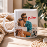 Tazza bianca con foto di coppia e scritta rossa “Ti Amo” sul fronte