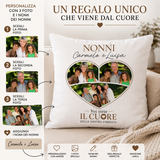 Cuscino bianco con cuore personalizzato, foto, Nonni Carmelo e Luisa; Voi siete il cuore