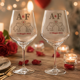 Coppia di calici da vino con iniziali A&F, elefantini e cuore, 11 Maggio 2024
