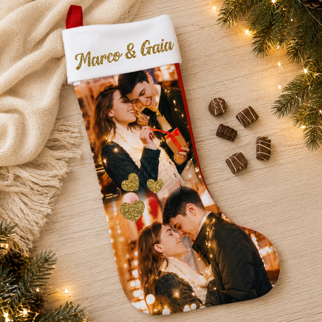 Calza natalizia bianca con foto e nome glitter dorato, fiocco rosso