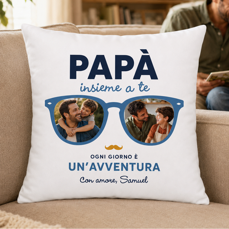Cuscino personalizzato bianco con scritta PAPÀ e foto in occhiali, 'Un’avventura'
