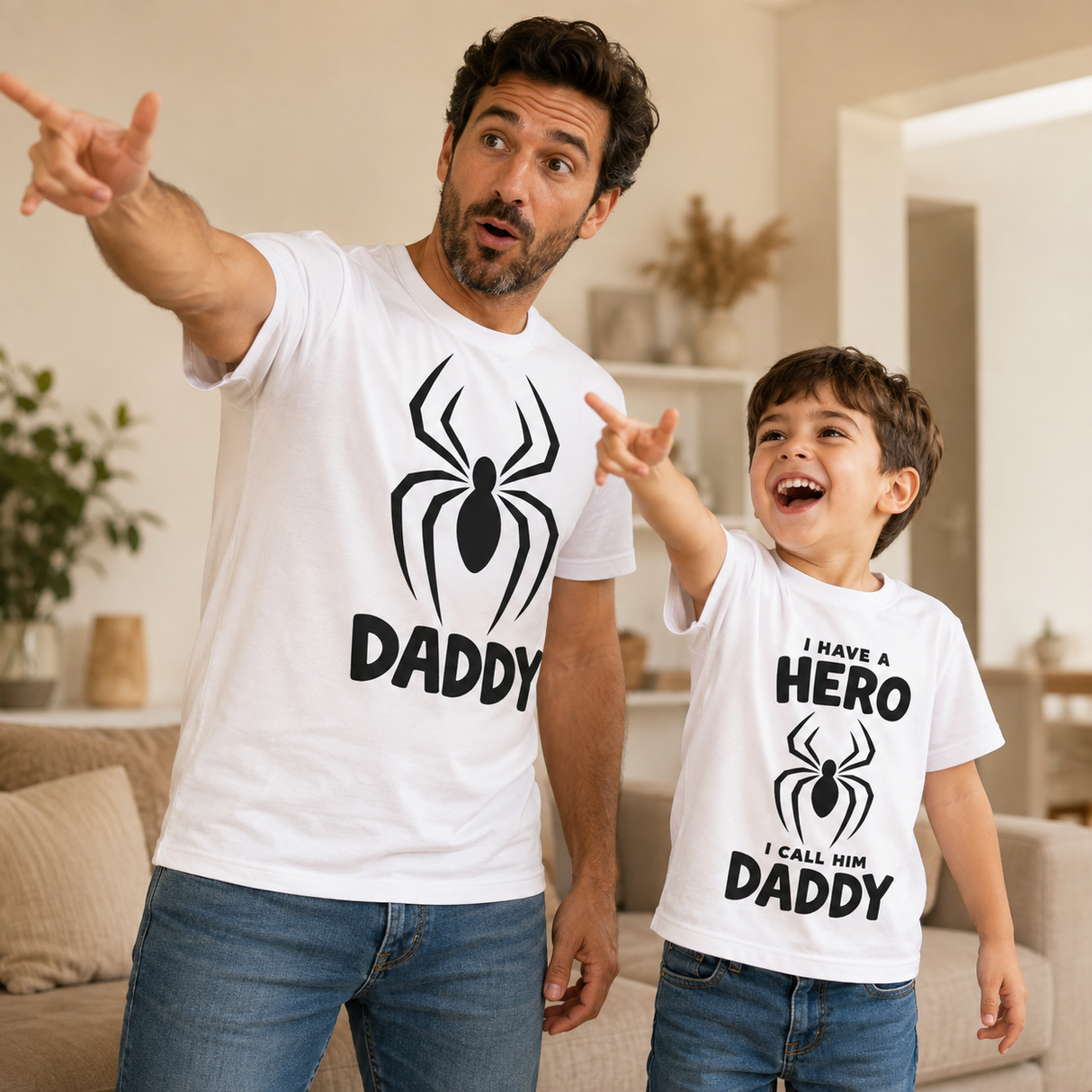 T-shirt bianche padre e figlio con stampa ragno e scritta DADDY