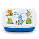 Lunch box rettangolare blu con coperchio bianco, dinosauri e nome Daniele