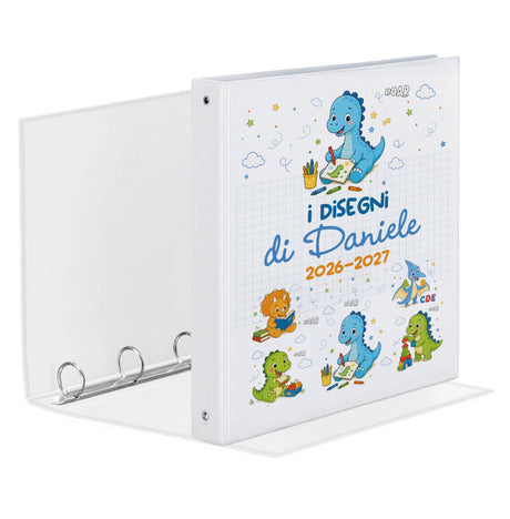 Raccoglitore ad anelli bianco con stampa dinosauro e testo “i DISEGNI di Daniele”