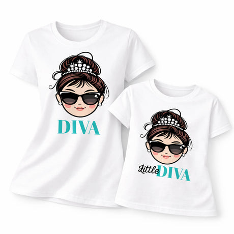 Set di 2 magliette bianche mamma e figlia con stampa "DIVA" e "Little DIVA".