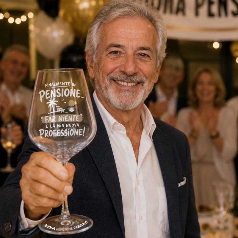 Calice in vetro trasparente con scritta “Buona Pensione Fabrizio” e “Finalmente in pensione”