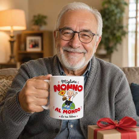 Tazza bianca con manico, “Migliore Nonno al mondo” tenuta da un uomo con barba