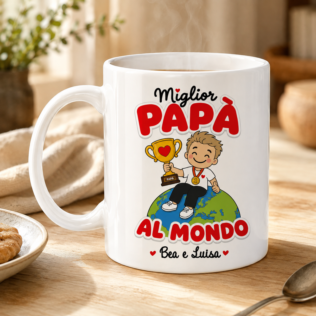 Tazza bianca con manico e stampa 'Miglior Papà al Mondo' 'Bea e Luisa'.