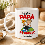 Tazza bianca con manico e stampa 'Miglior Papà al Mondo' 'Bea e Luisa'.