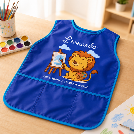 Grembiule da pittura bimbi blu personalizzato Leonardo, leone con cavalletto e tasca frontale