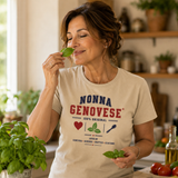 T-shirt beige con stampa “NONNA GENOVESE” e cuore con foglie, scollo tondo