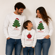 Set di felpe natalizie bianche: alberi di Natale, Papa/Mamma e felpa bambino con nome.