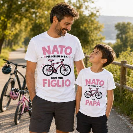 Set t-shirt bianche papà e figlio con stampa “NATO” per correre in bici
