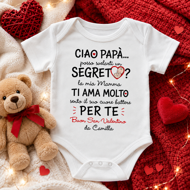 Body neonato bianco con stampa “Ciao Papà… Segreto” e cuori, maniche corte