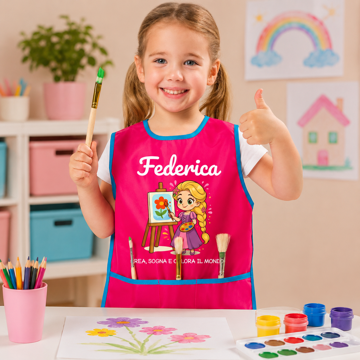 Grembiule da pittura bambina fucsia con bordo turchese, nome Federica e stampa principessa