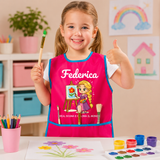 Grembiule da pittura bambina fucsia con bordo turchese, nome Federica e stampa principessa