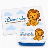 Tovaglietta merenda e lunchbox con leone arancione e scritta Leonardo