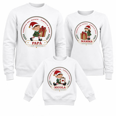 Felpe bianche girocollo con stampe circolari “PAPA”, “MAMMA” e “NICOLA”