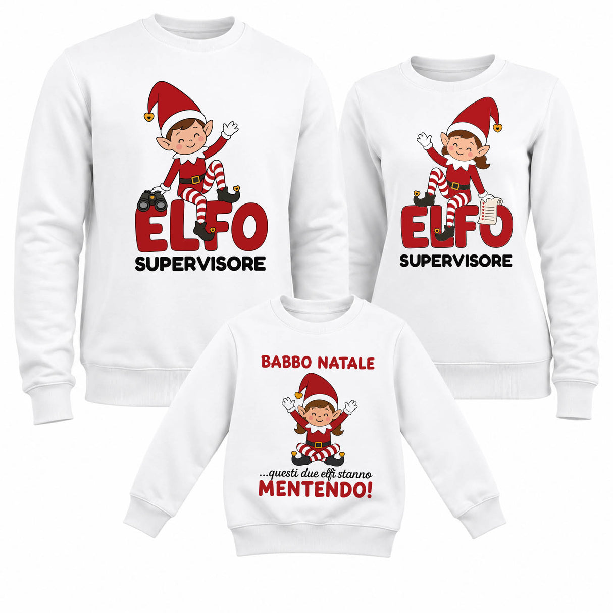 Set di tre felpe bianche con stampa elfo: “ELFO supervisore” e “Babbo Natale”