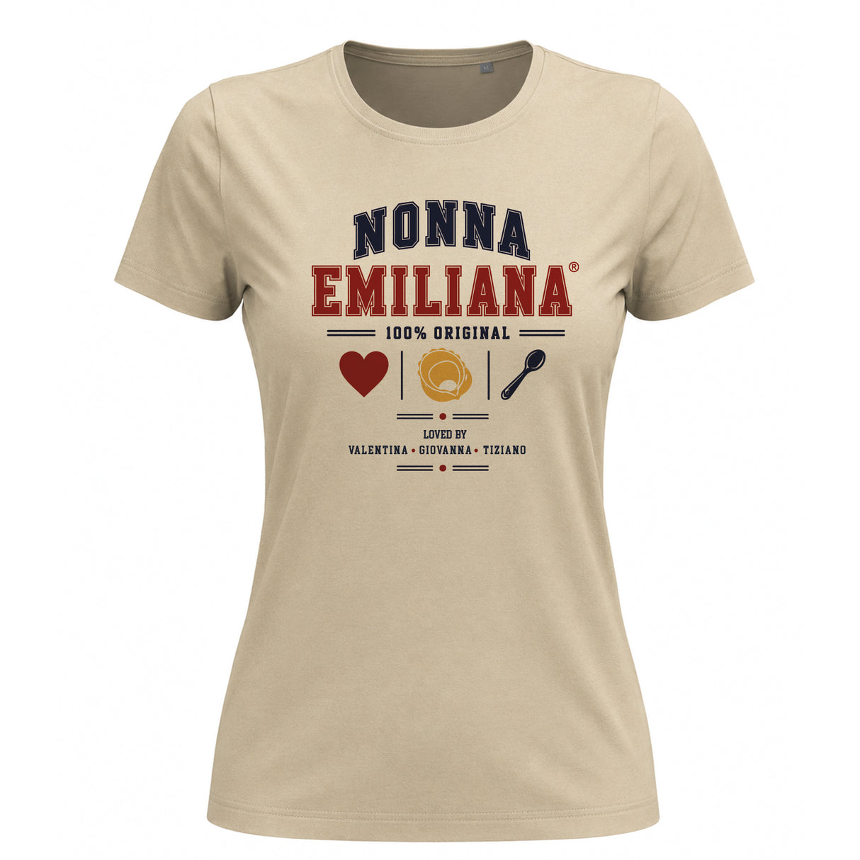 T-shirt da donna beige con stampa “NONNA EMILIANA” rossa e blu, simboli colorati