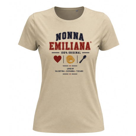 T-shirt da donna beige con stampa “NONNA EMILIANA” rossa e blu, simboli colorati
