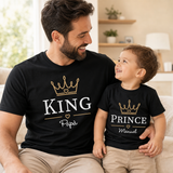 Set di due t-shirt nere, con corona e scritte King Papà e Prince Manuel