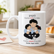 Tazza ceramica bianca con scritte 'Il primo eroe' e 'Il primo amore' e illustrazione.