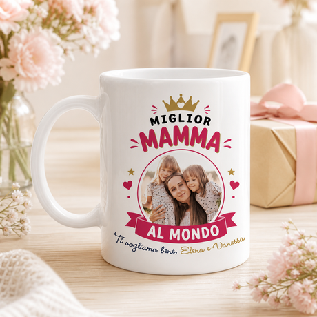Tazza bianca in ceramica con scritta “Miglior Mamma al mondo”, foto e dedica