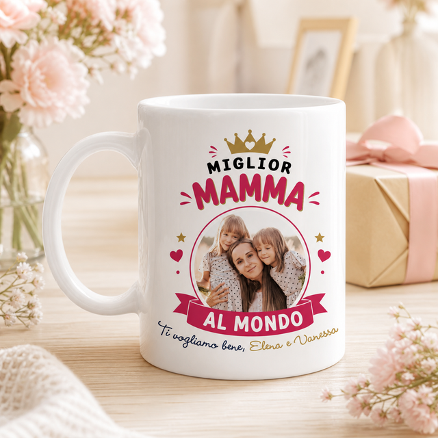 Tazza bianca in ceramica con scritta “Miglior Mamma al mondo”, foto e dedica