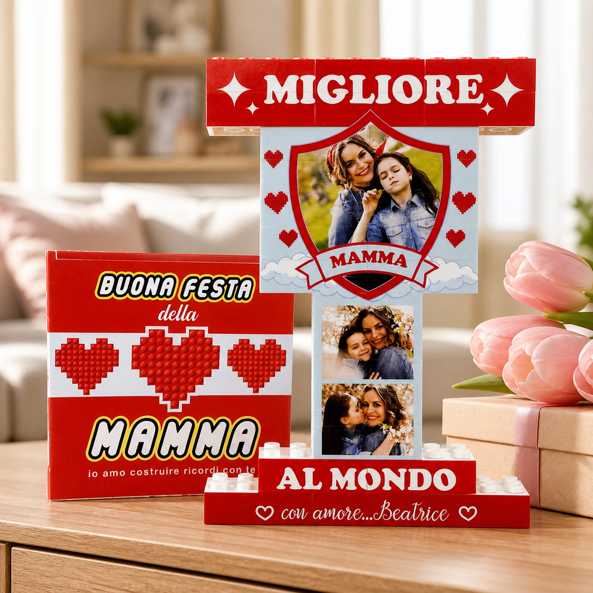 Trofeo in mattoncini rosso con scritta MIGLIORE, foto di mamma e cuori