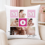 Cuscino bianco con collage foto mamma-bimbo, lettere rosa M M O e firma Ti Amo