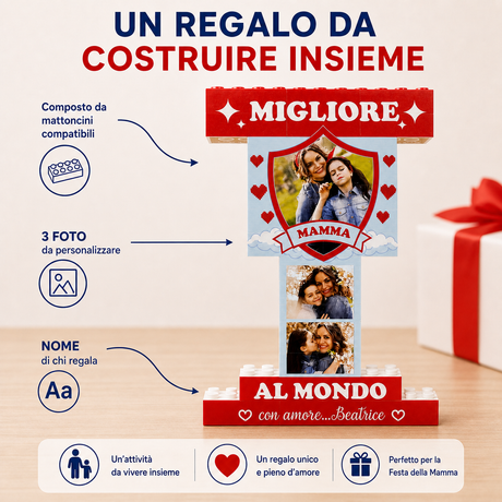 Trofeo in mattoncini rosso e beige con scritta MIGLIORE e tre foto con cuori