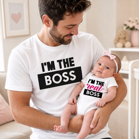 Set t-shirt bianca e body bimbo bianco con scritte 'I'M THE BOSS' e 'I'm the real BOSS'