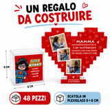 Kit da costruire con cuore rosso in mattoncini, 48 pezzi, scatola plexiglass 8×8 cm.