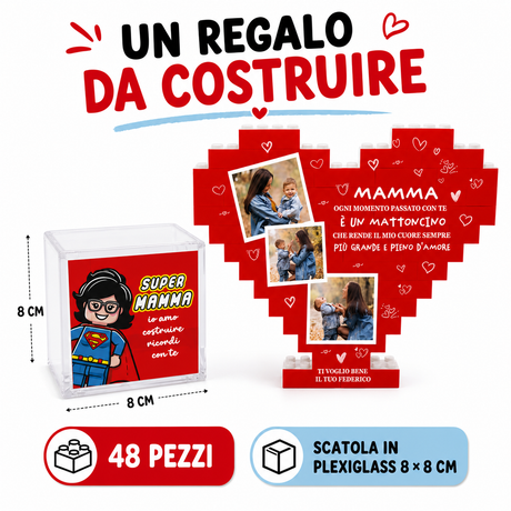 Kit da costruire con cuore rosso in mattoncini, 48 pezzi, scatola plexiglass 8×8 cm.