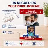 Trofeo di costruzioni con banner 'tu sei il MIGLIOR PAPA', foto e scritta 'AL MONDO'
