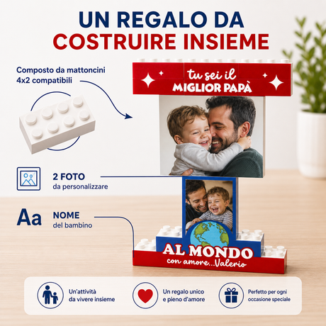 Trofeo di costruzioni con banner 'tu sei il MIGLIOR PAPA', foto e scritta 'AL MONDO'