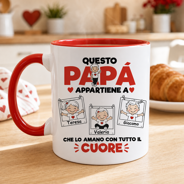 Tazza personalizzata bianca con manico e interno rossi, grafica con bambini e cuori.