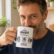 Tazza bianca tenuta in mano con foto e scritta “Questo papà appartiene a…”, Fabio, Lucia