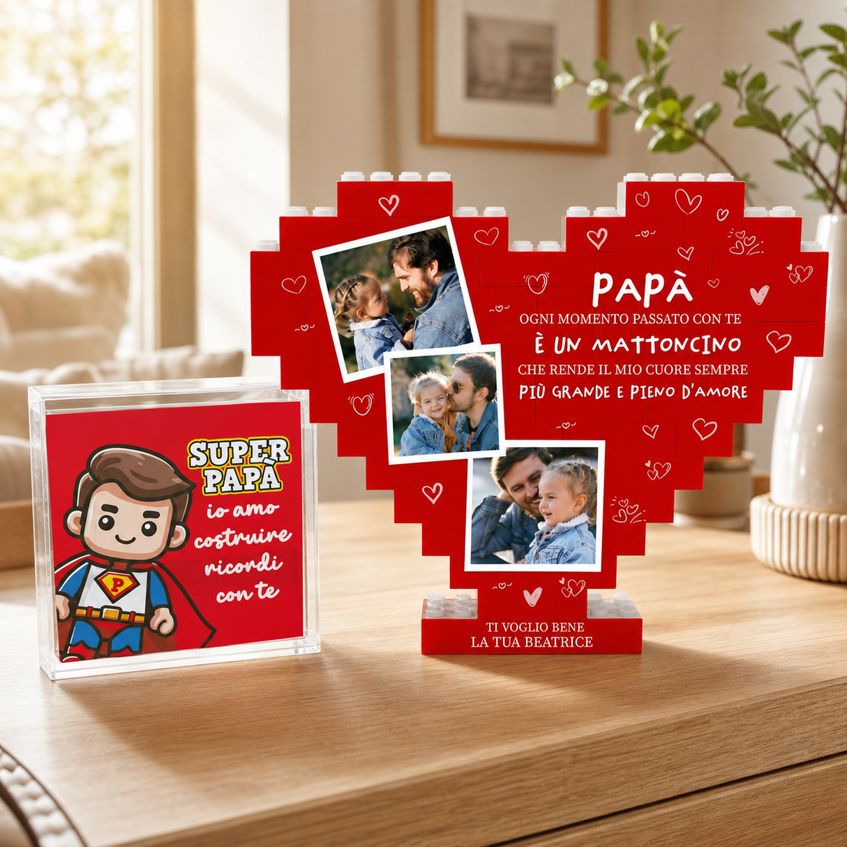 Cuore di mattoncini rosso con foto di famiglia e scritta Papà, regalo per papà