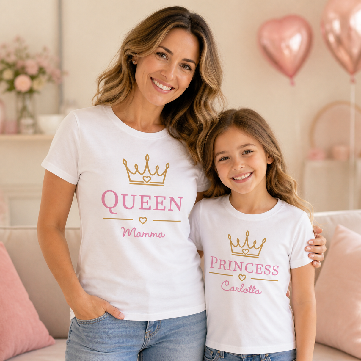 Set t-shirt bianche mamma-figlia: QUEEN Mamma in rosa e PRINCESS