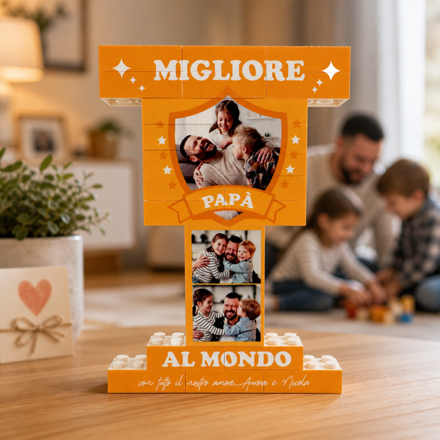 Trofeo di mattoncini arancioni con foto e scritta “MIGLIORE PAPÀ” “AL MONDO”