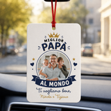 Profumatore auto bianco appeso con nastro rosso, foto famiglia e scritta Miglior Papà al Mondo