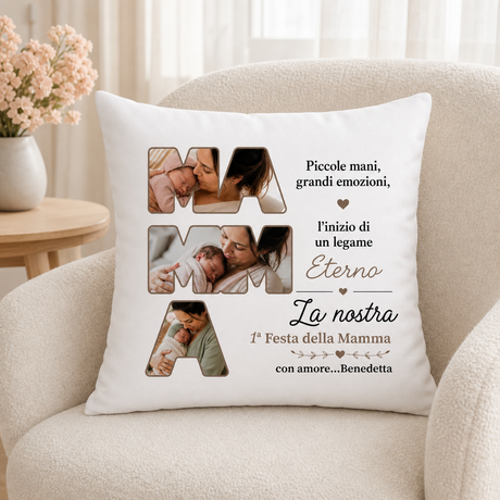 Cuscino personalizzato bianco con collage foto, “1ª Festa della Mamma” e “La nostra Eterna”
