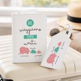 Set da viaggio: astuccio passaporto bianco e etichetta bagaglio con elefanti