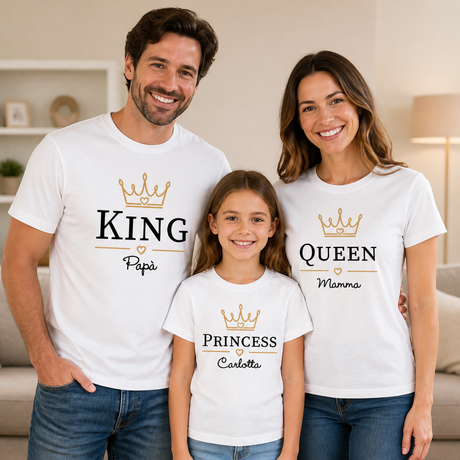 T-shirt bianche con scritte King, Queen e Princess con corone dorate in famiglia